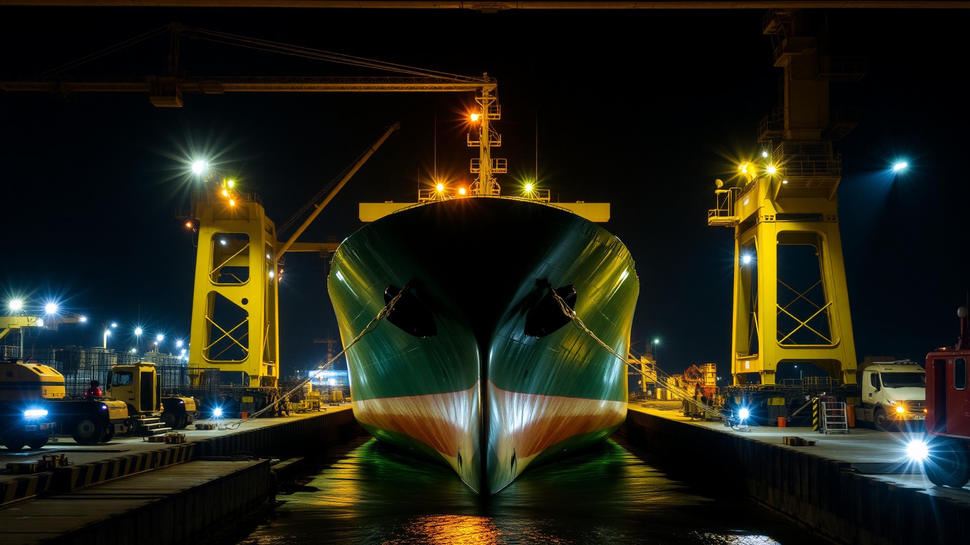 Cargo ship in dry dock at night