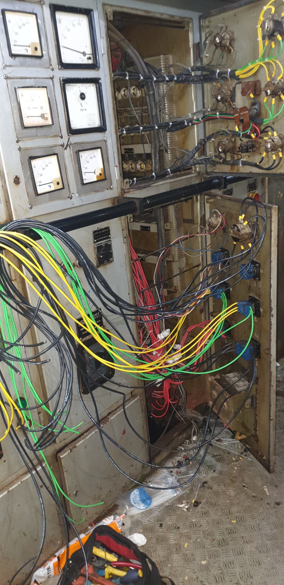 Legacy main switchboard opened for rewiring and instrument retrofit