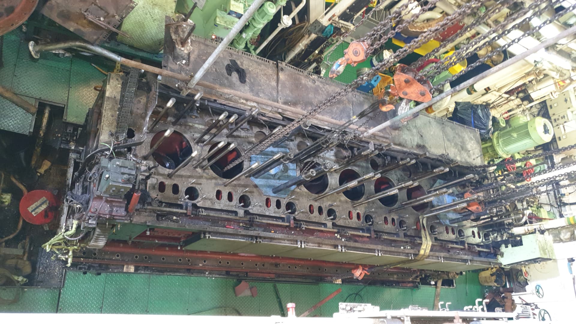 Main engine cylinder block with liners removed during major overhaul
