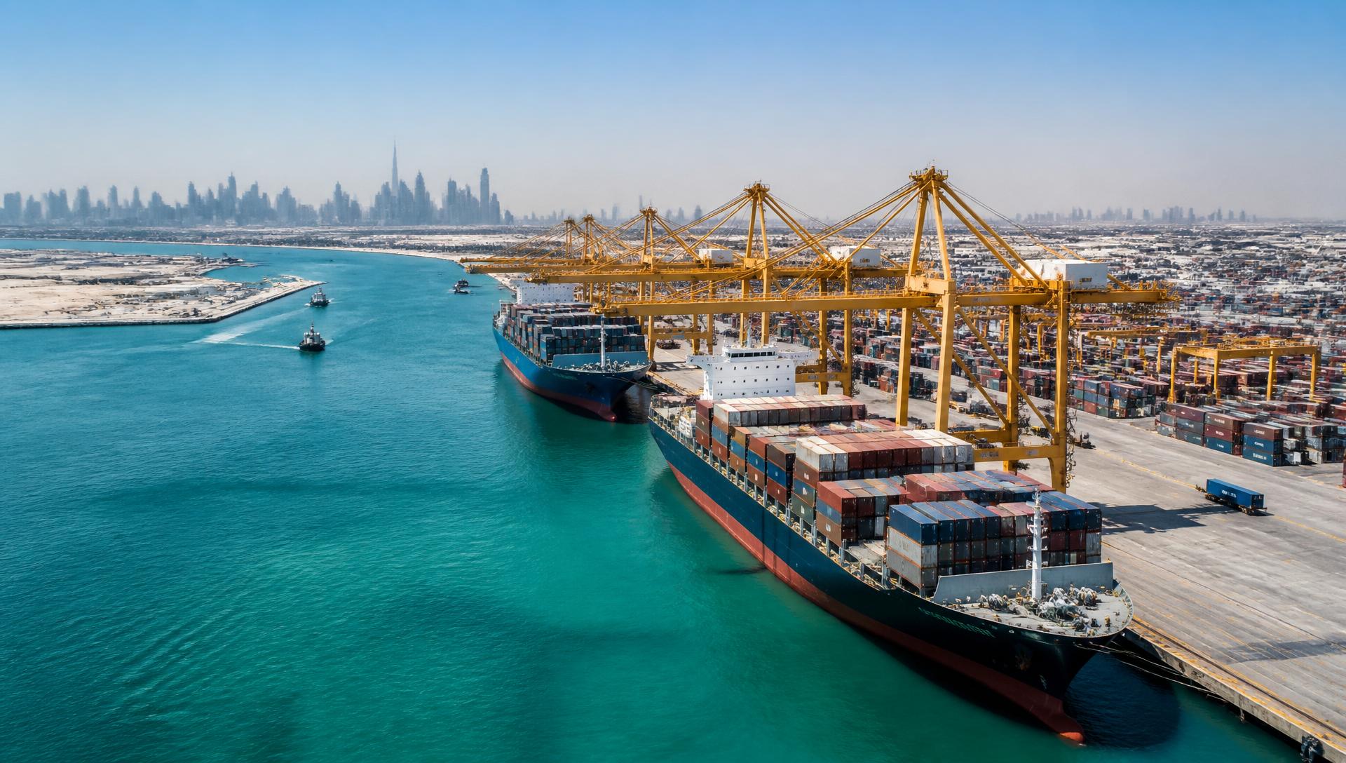Aerial view of Dubai port with cargo ships