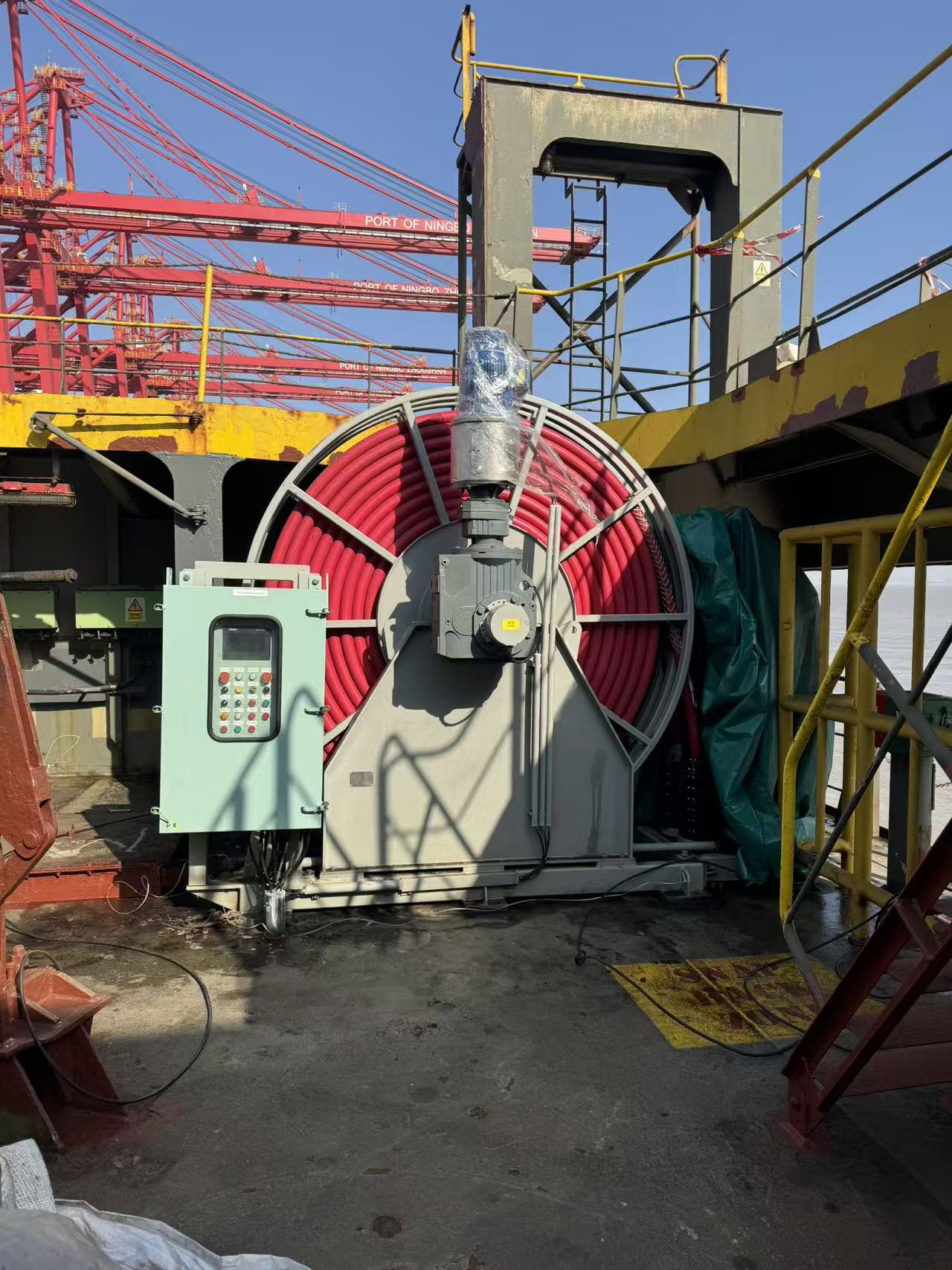 Shore power cable reel installed on vessel deck at Port of Ningbo Zhoushan