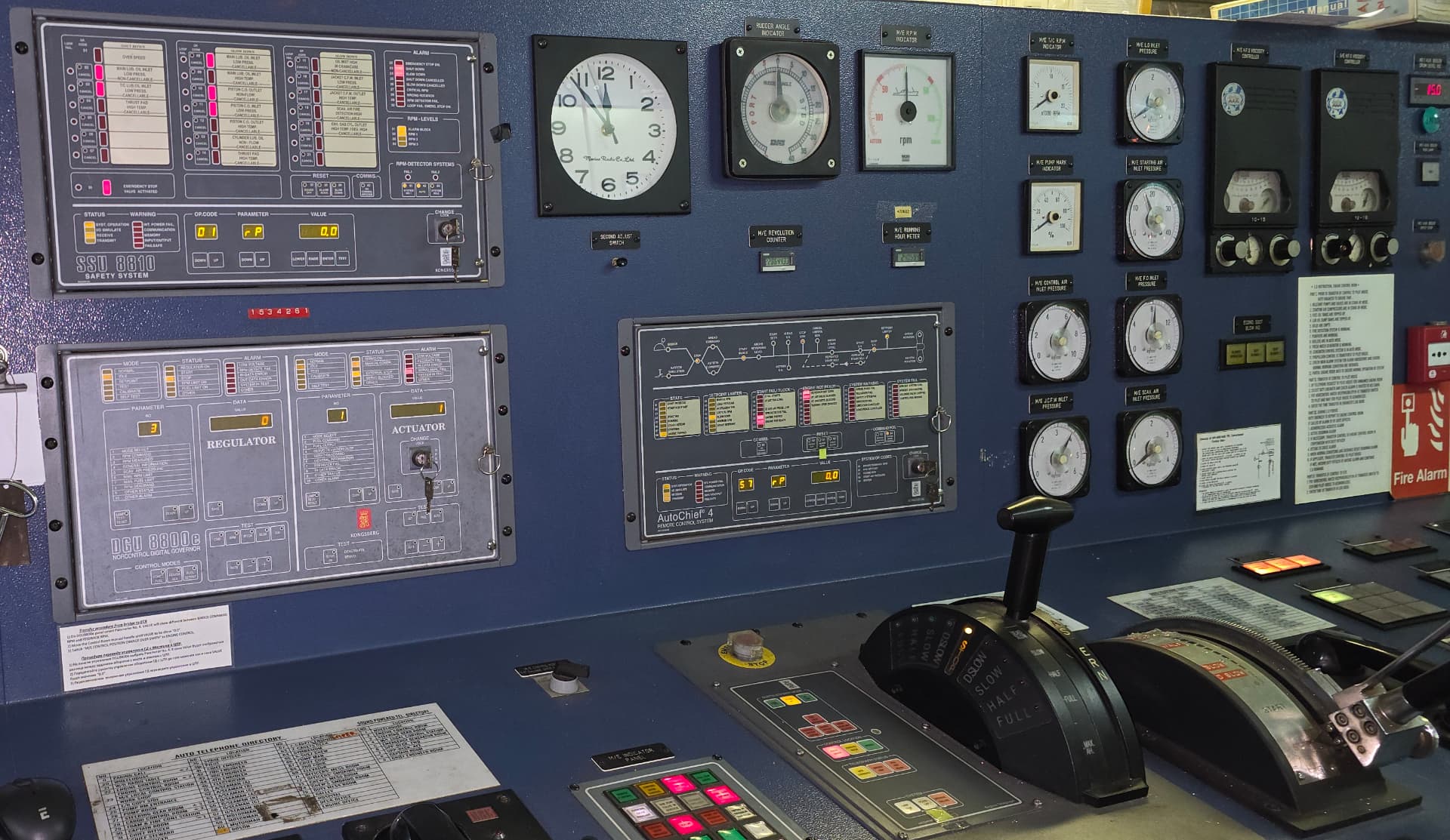 Engine control room console with Kongsberg AutoChief and safety system