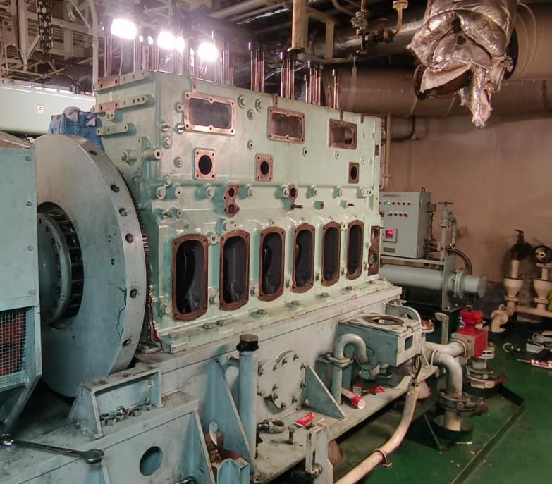 Main engine block during major overhaul in engine room