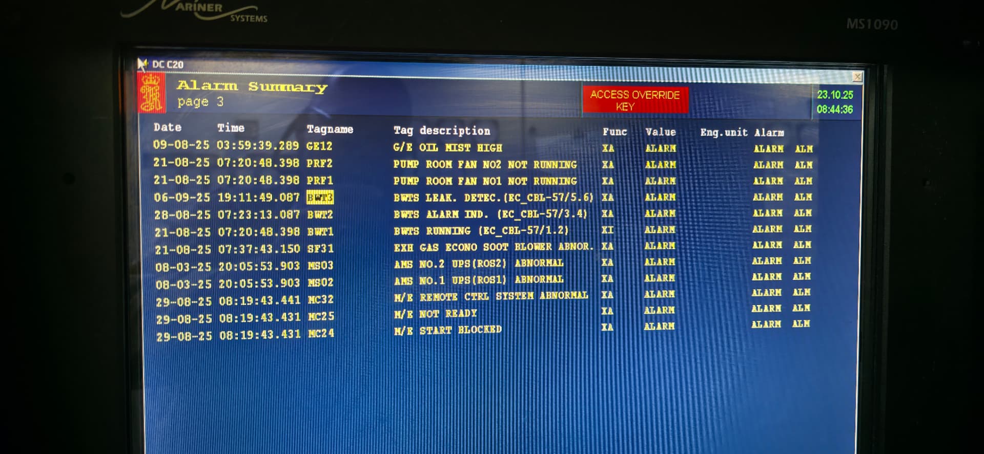 Alarm and monitoring system alarm summary page on marine automation screen