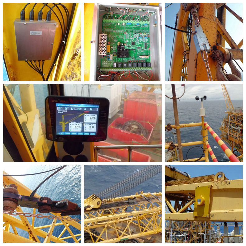 Collage of offshore crane safe load monitoring system components and installation