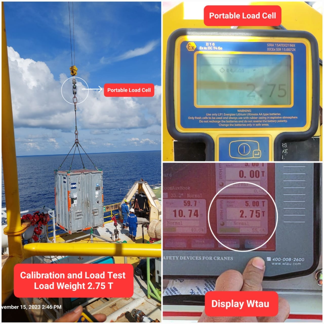 Offshore crane calibration and load test with portable load cell showing 2.75 T