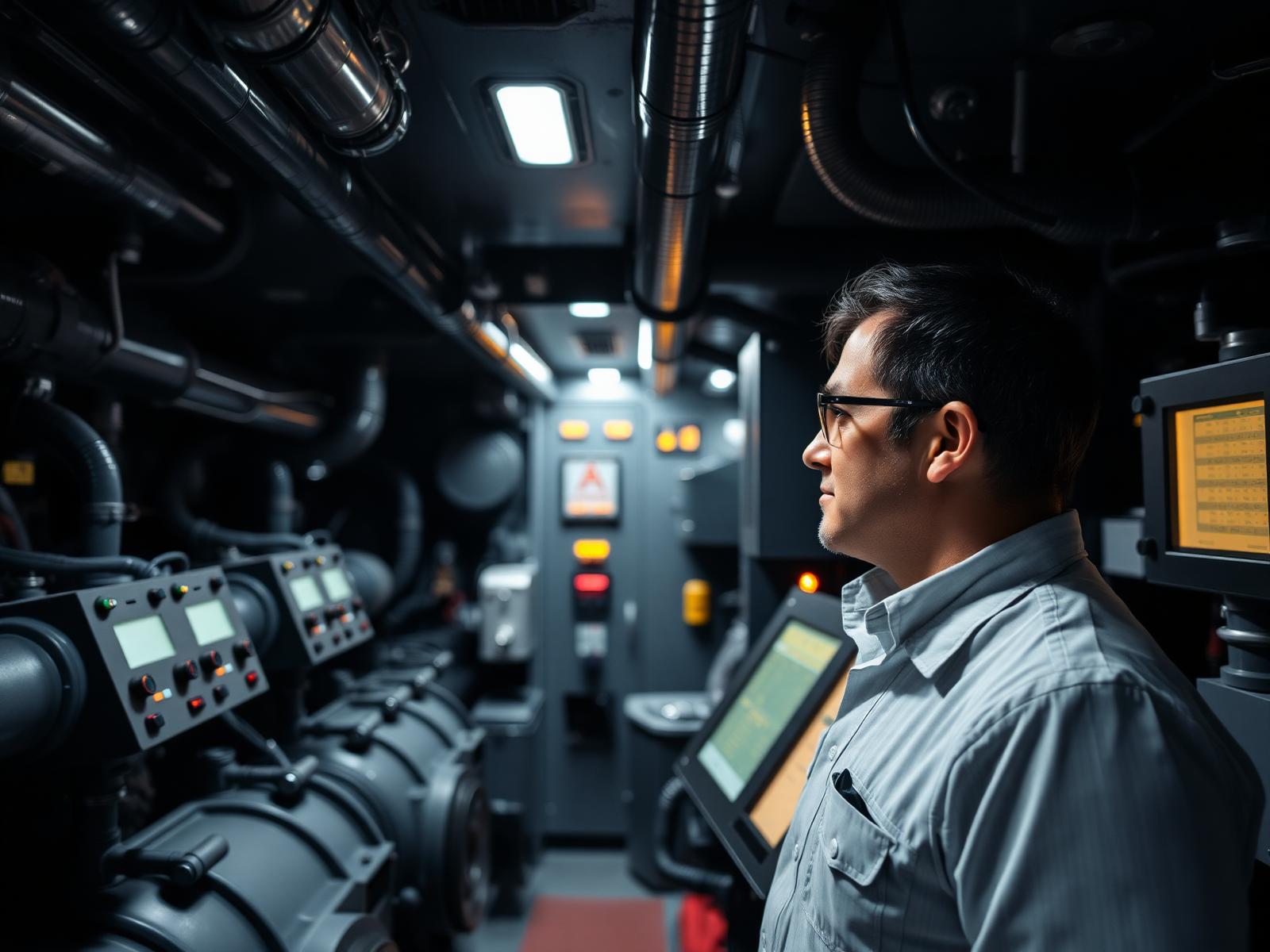 Marine engineer at engine-room automation control panel
