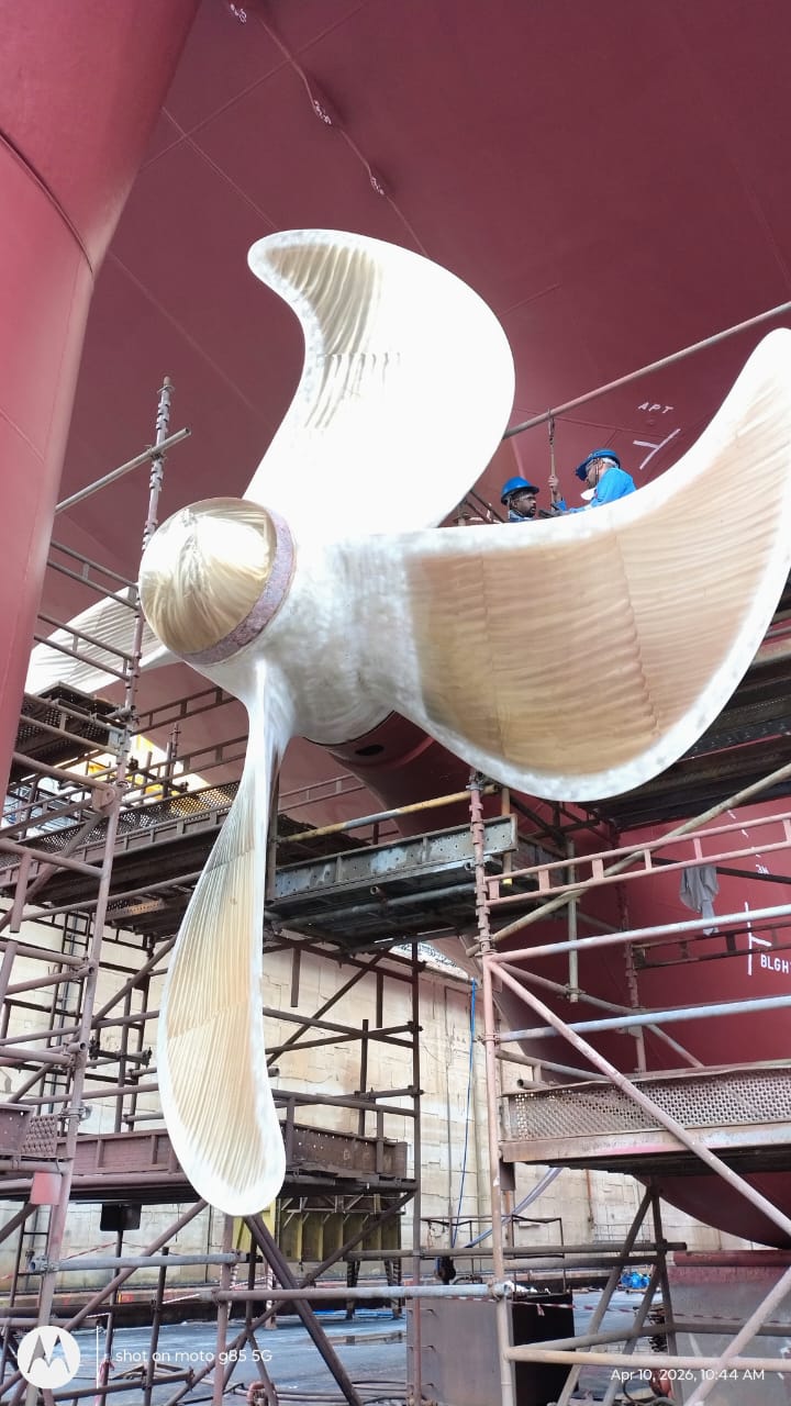 Ship propeller in dry dock during survey and maintenance